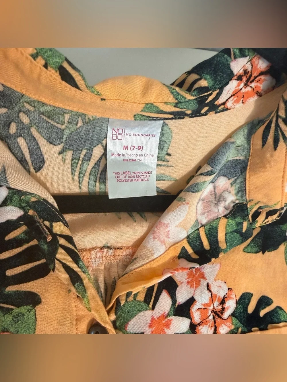 No Boundaries Top 2PC Peach Tropical Rayon Tie Front Button Up Size M (7-9)